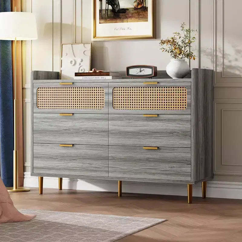 Acekool 47 Walnut 6 Drawer Double Dresser, Modern Rattan Chest, Wide Storage Dresser with Gold Hardware for Bedroom Living Room Hallway