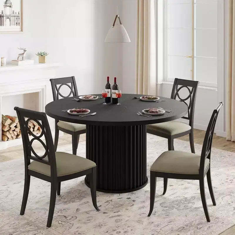 47Inch Round Dining Table for 4-6 People, Black Dining Room Table with Sturdy Waveform Metal Pedestal Base, Industrial Circle Kitchen Table
