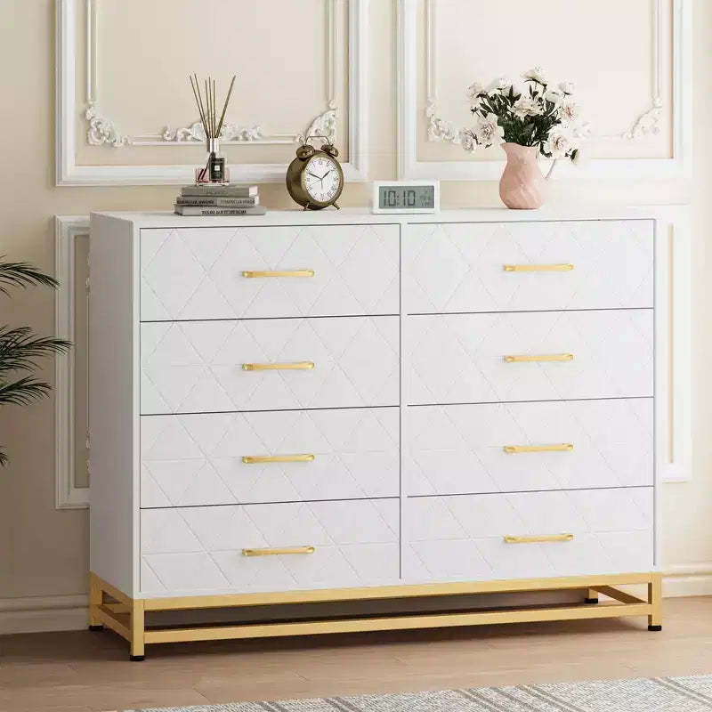 8-Drawer Wooden Dresser with Metal Handles,Sturdy Modern Bedroom Dresser with Deep Drawers,Metal-Framed Wood Chest of Drawers, Sturdy Chest