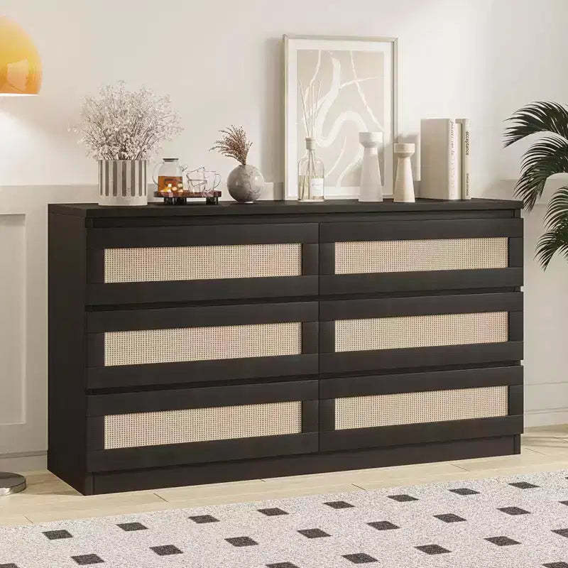 Rattan Dresser for Bedroom, 6 Drawer Double Dresser for Bedroom with Smooth Mental Slide, Modern Wood Chest of Drawers, Black