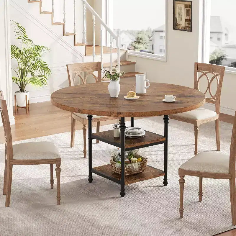 47 Round Dining Table for 4-6, Modern Wooden Kitchen Table with Storage Shelves & Roman Metal Legs, Table Only, for Dining Room