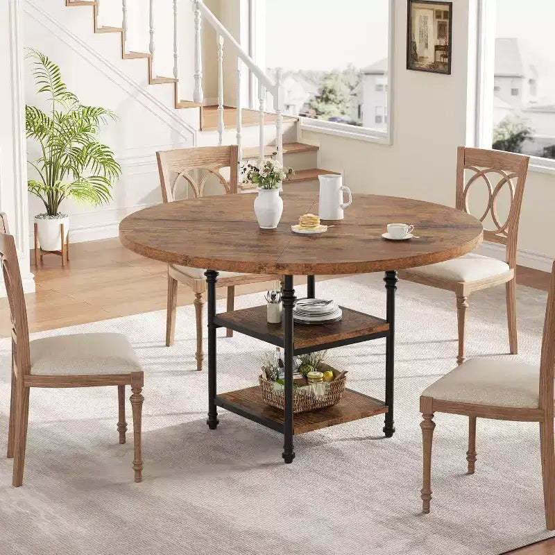 47 Round Dining Table for 4-6, Modern Wooden Kitchen Table with Storage Shelves & Roman Metal Legs, Table Only, for Dining Room