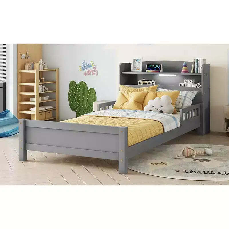 MAYEERTY Twin Pine Wood Bed with Bookcase Headboard, Safety Guardrails Gray