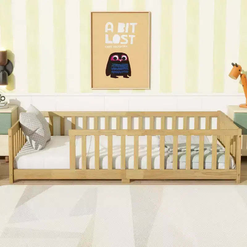 MAYEERTY Twin Floor Bed with Fence without Door, Rubber Wood Floor Guardrails Beige
