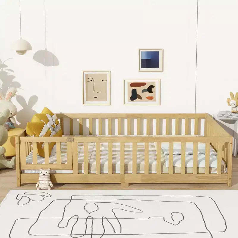 MAYEERTY Full Floor Bed with Fence and Door, Rubber Wood Bed Guardrails Beige