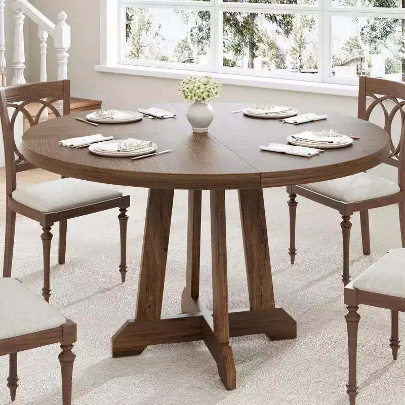 Round Dining Table for 4, 47 Inch Wooden Kitchen Table with Sturty Legs, Dining Room Table, Circle Table, Brown Dinner Table
