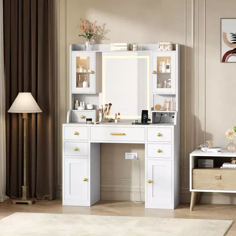 Makeup Vanity Desk with Mirror and Lights, 3 Light Modes Large Makeup Vanity Table with Charging Station White