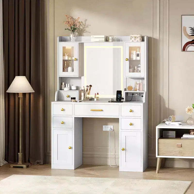 Makeup Vanity Desk with Mirror and Lights, 3 Light Modes Large Makeup Vanity Table with Charging Station White