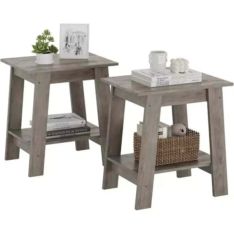 DobleePy 2-Piece Rustic Grey Side Table, 2-Tier End Table with Storage Shelf for Bedroom, Living Room, Entryway, Space-Saving Design