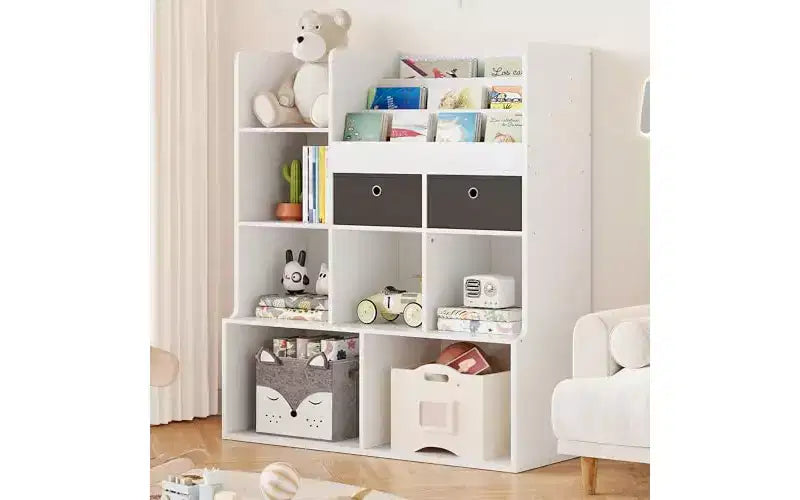 GustoWave 4-Tier Kids Bookshelf Wood Toy Storage Organizer Kids Book Shelf with 10 Cubbies and 2 Drawer Kids Bookcase Kids Storage Cabinet