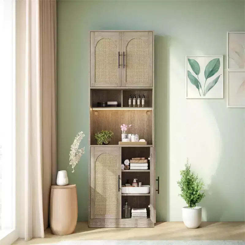 71 Inch Tall Kitchen Pantry Storage Cabinet with Mircowave Stand & Led Light, Farmhouse Rattan Hutch Cabinet for Dining Room, Living Room, Apartments