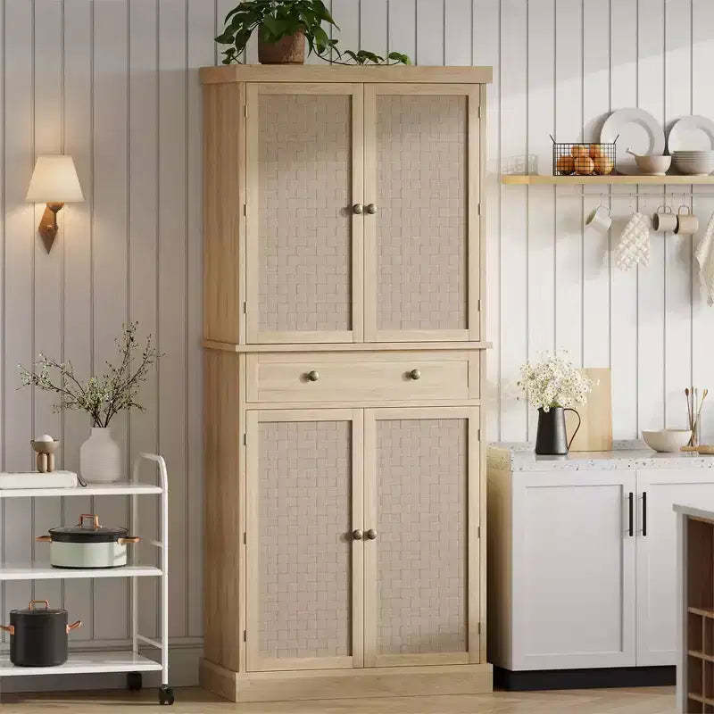 72 Kitchen Pantry Cabinet, Freestanding Storage Cabinet with 4 Woven Panel Doors, 1 Drawer & 4 Adjustable Shelves, Wood Cupboard for Dining Room