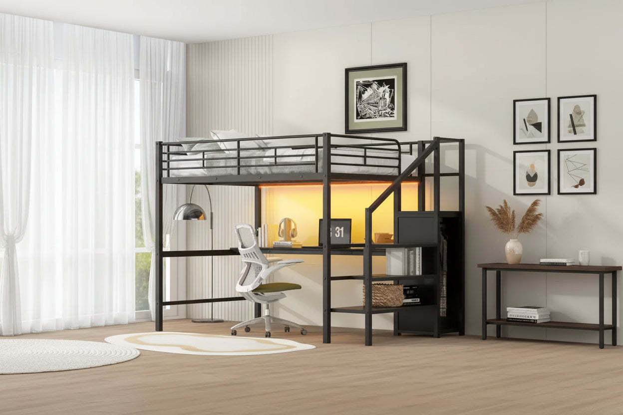 Merax Full Size Metal Loft Bed with Integrated Desk, Storage Staircase & Wardrobe