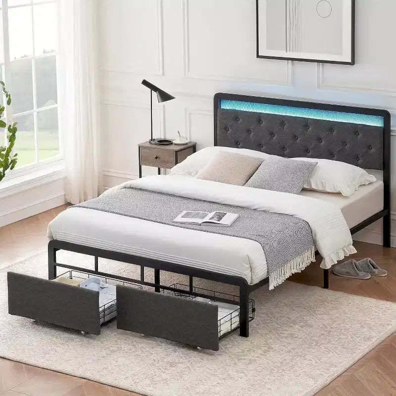 1-Piece Queen Upholstered Storage Bed - 2 Drawers & Button Tufted Headboard, LED Lights with Wood Slats, No Box Spring Needed