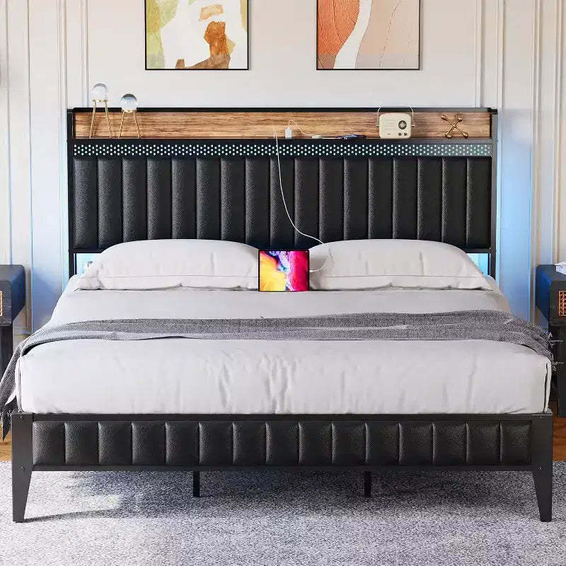 CuisinSmart Bed Frame with Charging Station, LED Bed Frame with Storage Headboard, Upholstered Platform Bed Frame, No Box Spring Needed