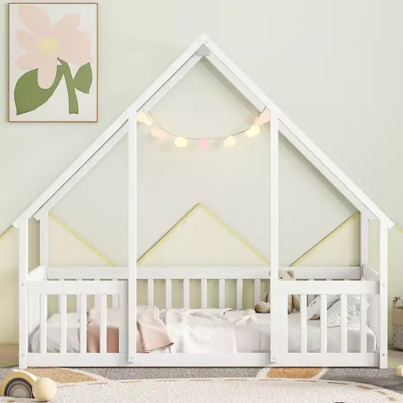 MAYEERTY Twin Wood House-shaped Floor Bed with Fence, Guardrails White