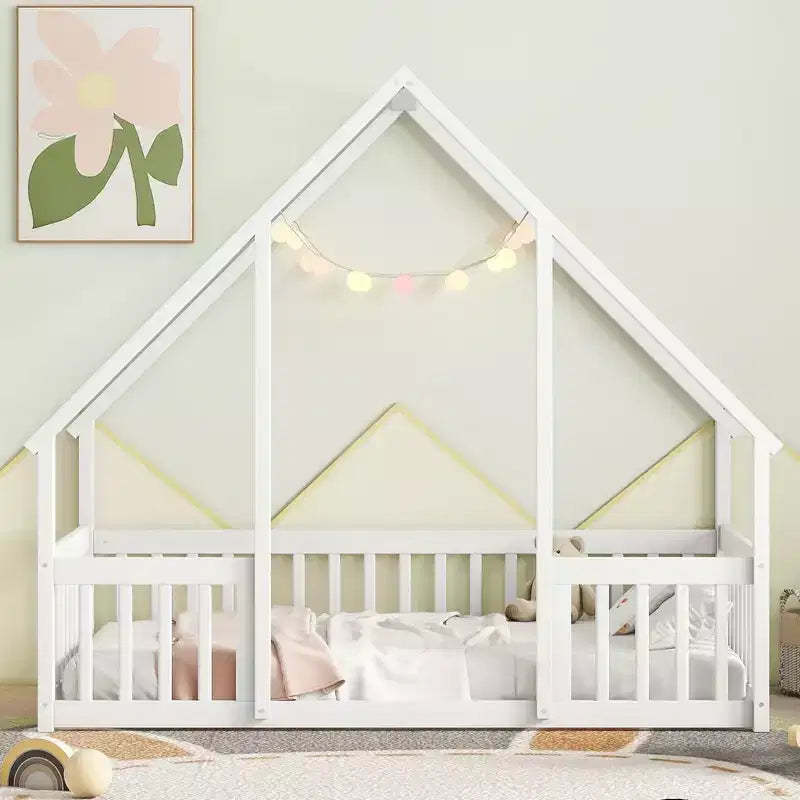 MAYEERTY Twin Wood House-shaped Floor Bed with Fence, Guardrails White