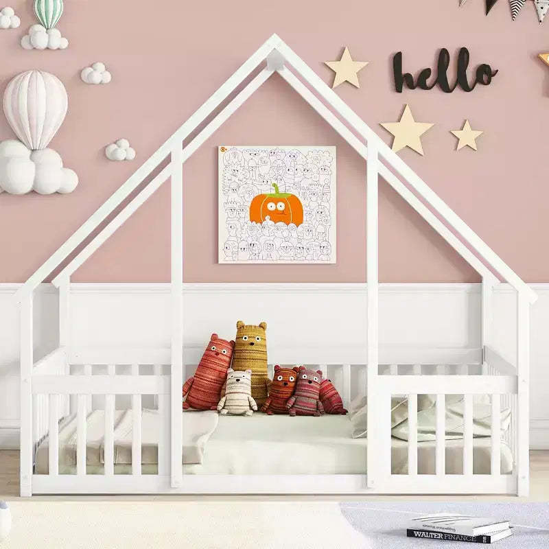 MAYEERTY Full Wood House-shaped Floor Bed with Fence, Guardrails White