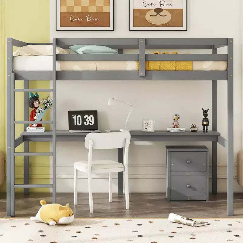 MAYEERTY Twin Loft Wood Bed with Under-bed, Bulit-in Desk, a Storage Cabinet of 2 Drawers, Guardrails, Gray