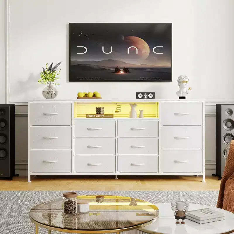12-Drawer Dresser with Charging Station & LED Lights, Fabric Chest of Drawers with Sturdy Metal Frame