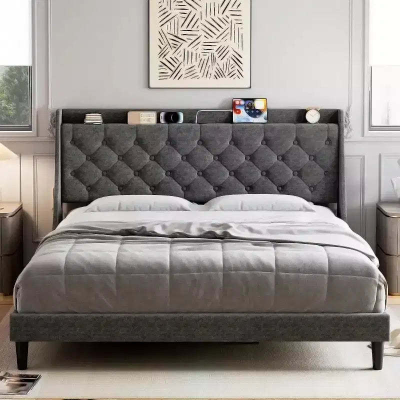 Modern King Upholstered Bed - USB Charging Headboard with Storage, Button Tufted & Noise-Free, No Box Spring (Dark Gray)
