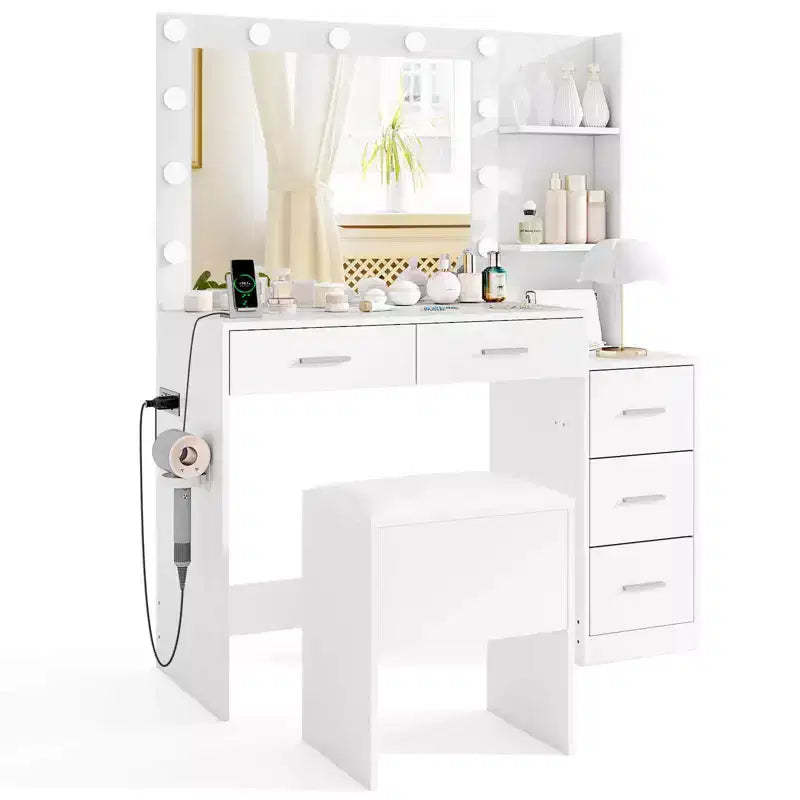 Costway 43.5 Makeup Table Set Vanity Desk with Storage Stool Power Outlets 2 Open Shelves