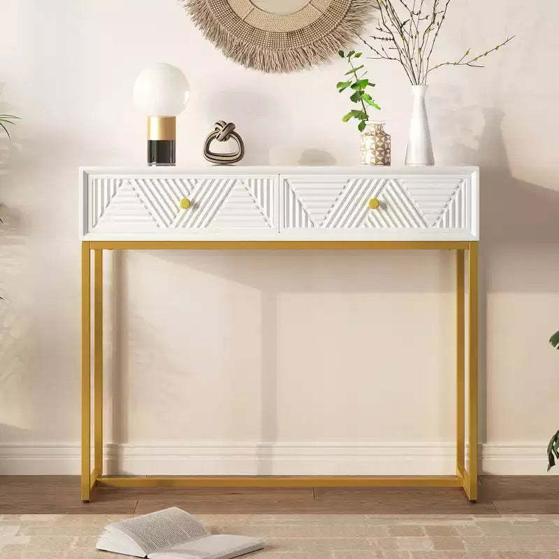 MAYEERTY Modern Narrow Console Table with Storage 2 Drawers Stripe Design for Living Room Hallway White