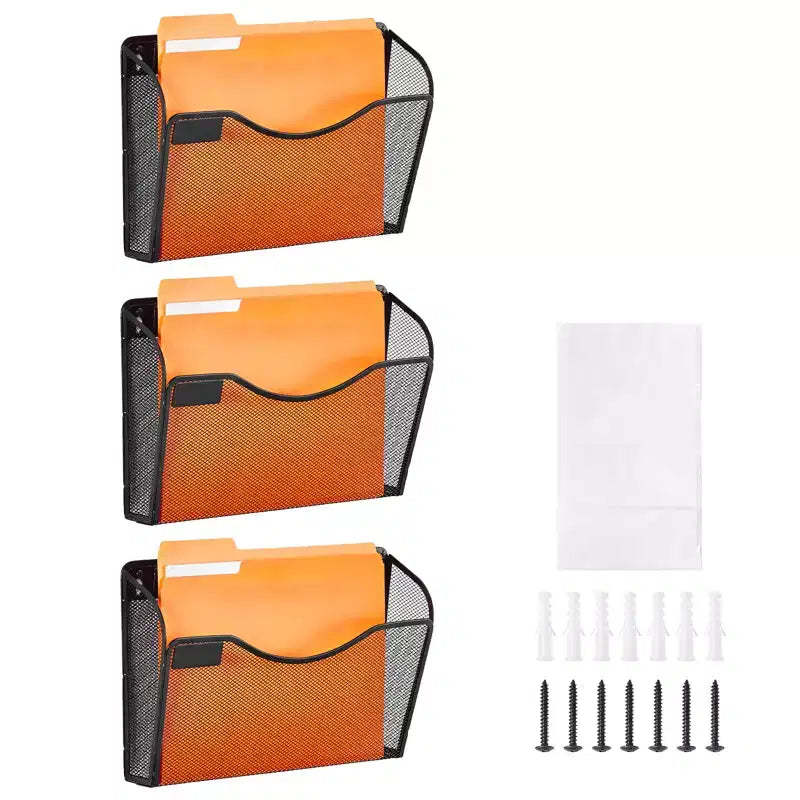 VEVOR File Wall Rack, Three-Piece 1 Pocket Mesh Wall File Holder, Wall Mounted Magazine Mail Paper & Document Storage Folder, Black
