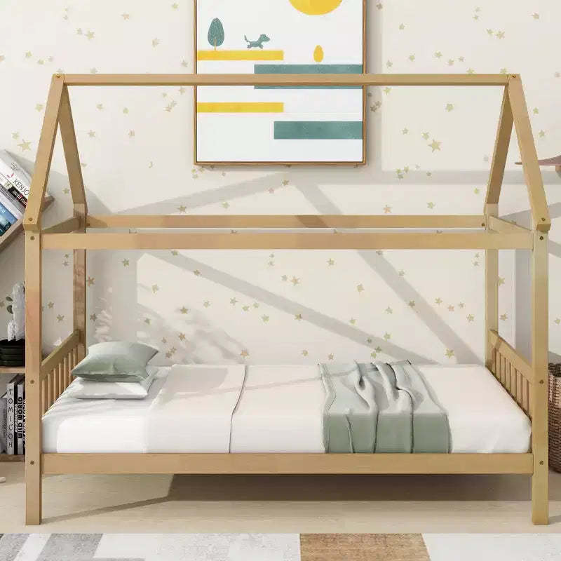 MAYEERTY Twin Rubber Wood Bed with House Frame Beige