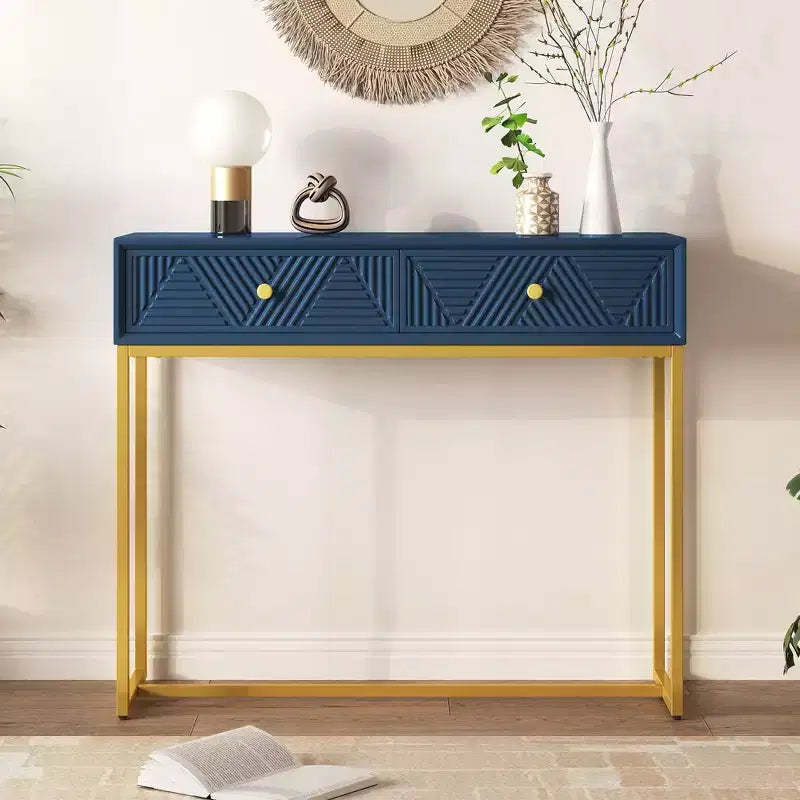 MAYEERTY Modern Narrow Console Table with Storage 2 Drawers Stripe Design for Living Room Hallway Navy
