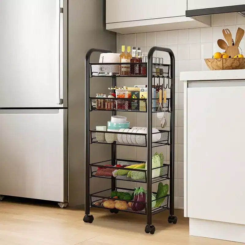 1-Piece 5-Tier Slim Rolling Cart - Metal Mesh Baskets & 360 Wheels, Rust-Resistant Frame for Narrow Spaces