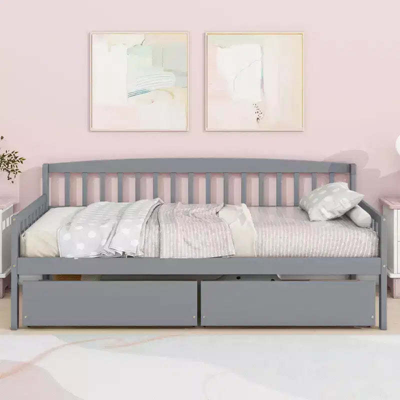 MAYEERTY Twin Pine Wood Daybed with Two Storage Drawers, 10 Support Slats, Gray