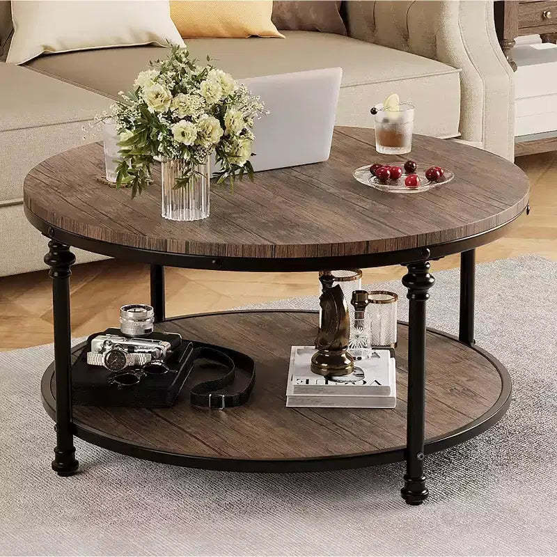 Modern Farmhouse Round Coffee Table, with Storage Shelf & Metal Roman Legs, Easy to Assemble, Accent Furniture for Living Room