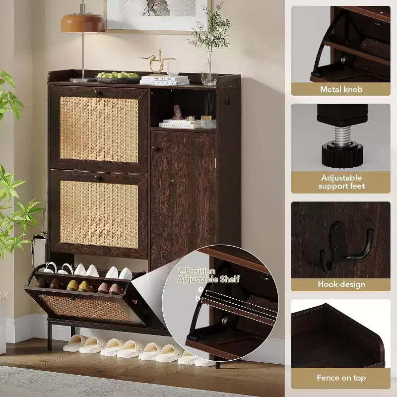 CuisinSmart 3 Tier Free Standing Shoe Cabinet with Natural Rattan, Shoe Organizer with Adjustable Shelves, Narrow Shoe Rack for Hallway, Cherry