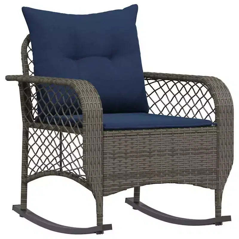 vidaXL Patio Rocking Chair with Cushions Gray Poly Rattan - Gray and Blue