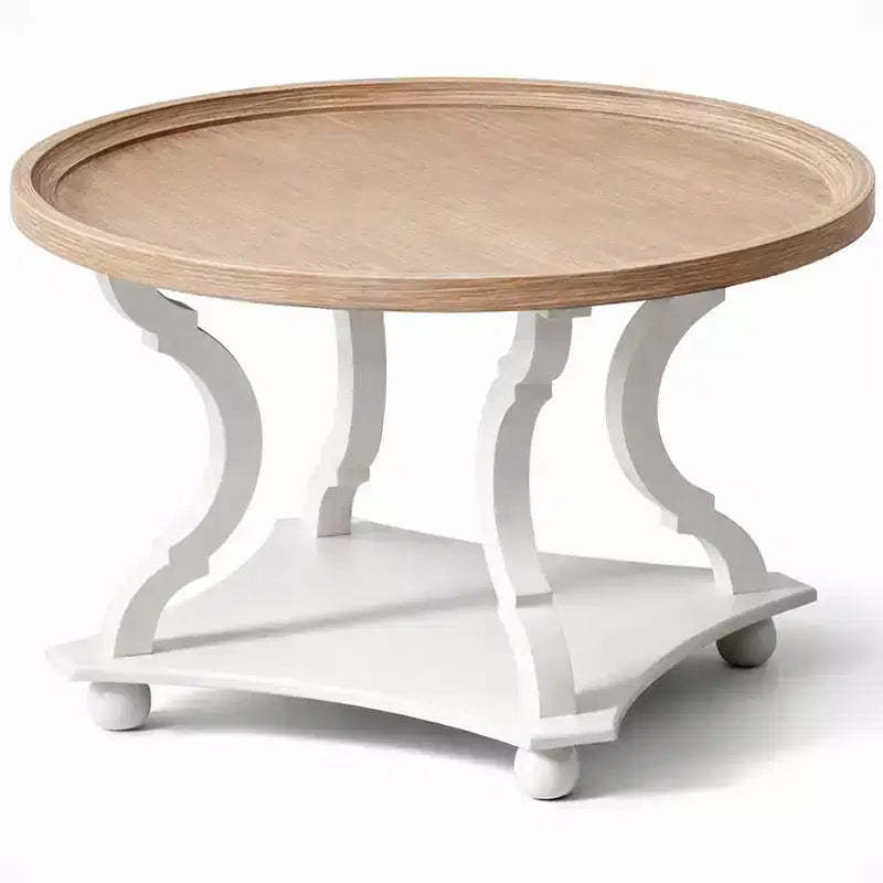 COZAYH Round Rustic Coffee Table Wood Tray Top Accent Centerpiece Storage, White