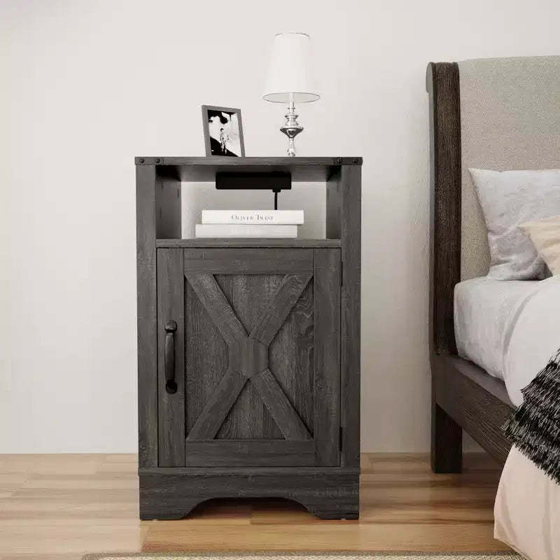 RoyalCraft Farmhouse Nightstand with Charging Station, Rustic End Table with Shelf and Storage for Bedroom or Home Office, Dark Grey
