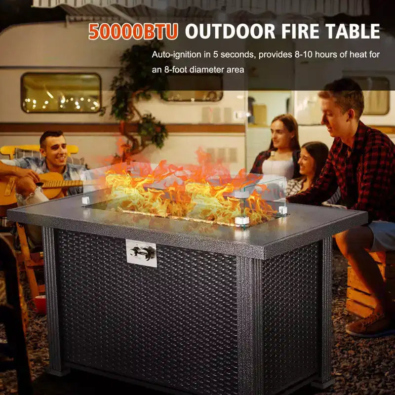 44 Inch Gas Fire Pit Outdoor Firepit Table, 50000BTU Rectangle Propane Fire Table with Cover & Rain Cover for Outside Garden Backyard Deck Patio