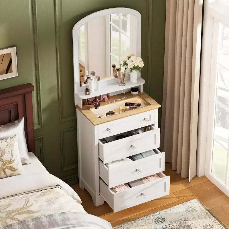 DobleePy 4-Drawer Dresser with Mirror, LED Strip & Charging Station, Modern Makeup Vanity Cabinet for Bedroom, Entryway, Small Space