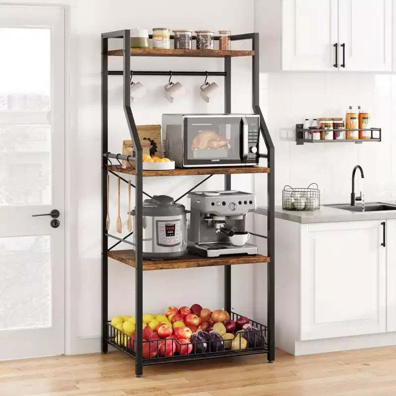 Kitchen Bakers Rack, Microwave Oven Stand with Large Wire Basket, Industrial Coffee Bar Station, 4-Tier Kitchen Utility Storage Shelf