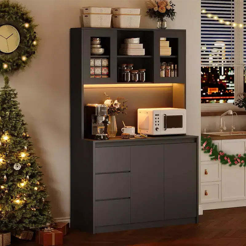 71 Tall Kitchen Pantry Cabinet with LED Lights & Power Outlets, Microwave Stand with Glass Door, Adjustable Shelves, 3 Drawers, Handless Design