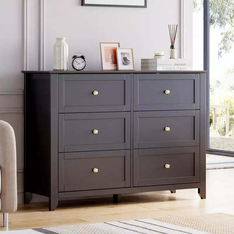 Black 6 Drawer Dresser for Bedroom, Large Modern Wooden Double Chests of Drawers with Deep Drawers & Metal Knobs for Kids Bedroom, Entryway, Hallway