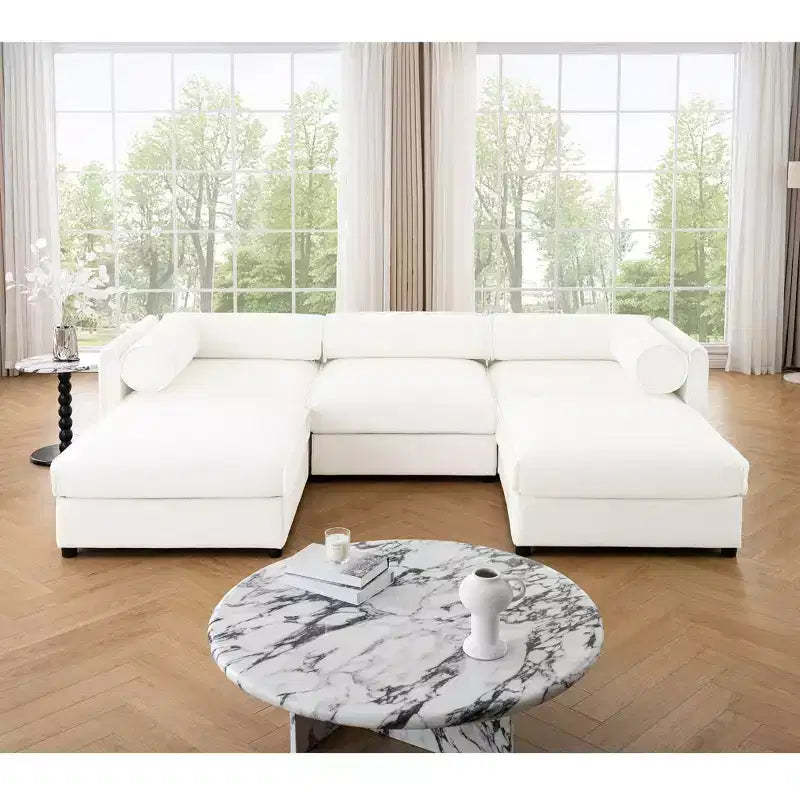 Elegant White Chenille Sofa with Storage Seat and Ottoman, U-Shaped 3-Seater Cylindrical Backrest and Armrests