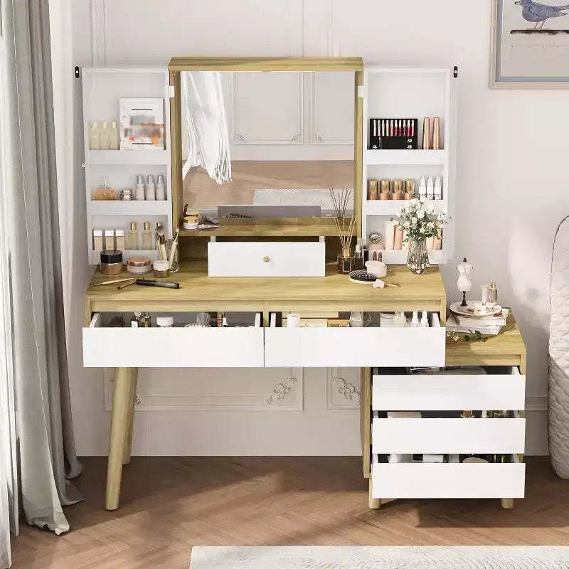Makeup Vanity Dressing Table with Mirror, Vanity Desk 3 Color Lighting Modes and 6 Storage Drawers, Brightness Adjustable Vanity Desk for Bedroom