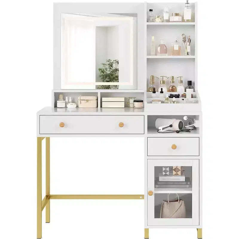 Vanity Desk with Lighted Mirror, Large Makeup Dressing Table Whit Power Outlet 2 Drawers 1 Cabinet and Open Storage Shelves for Bedroom Women Girls