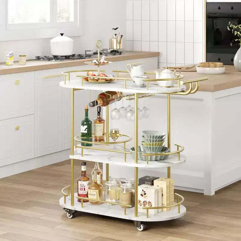 Gold Bar Cart, 3 Tier Bar Carts with Wheels, Rotated Bar Cart with Wine Rack and Glass Holder, Bar Serving Cart for Living Room, Kitchen, Dining Room