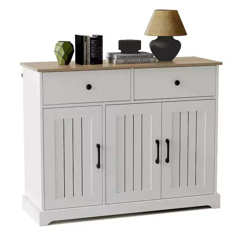 Practical storage cabinet, side panel buffet cabinet with storage room, adjustable shelf and 2 drawers,white