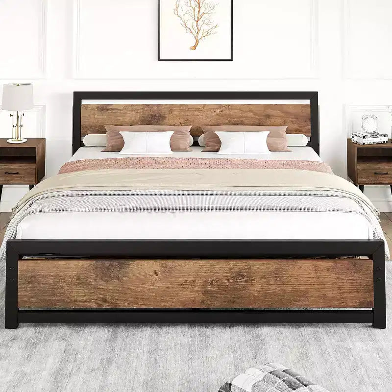 King Size Bed Frame with Headboard, No Box Spring Needed, 14 Platform with Storage, Retro Brown