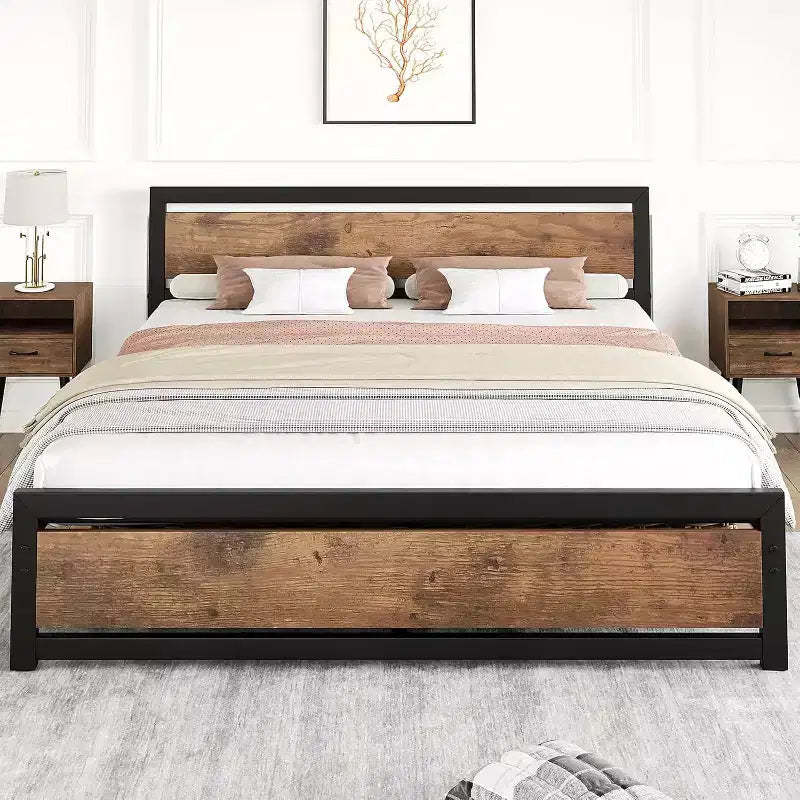 King Size Bed Frame with Headboard, No Box Spring Needed, 14 Platform with Storage, Retro Brown