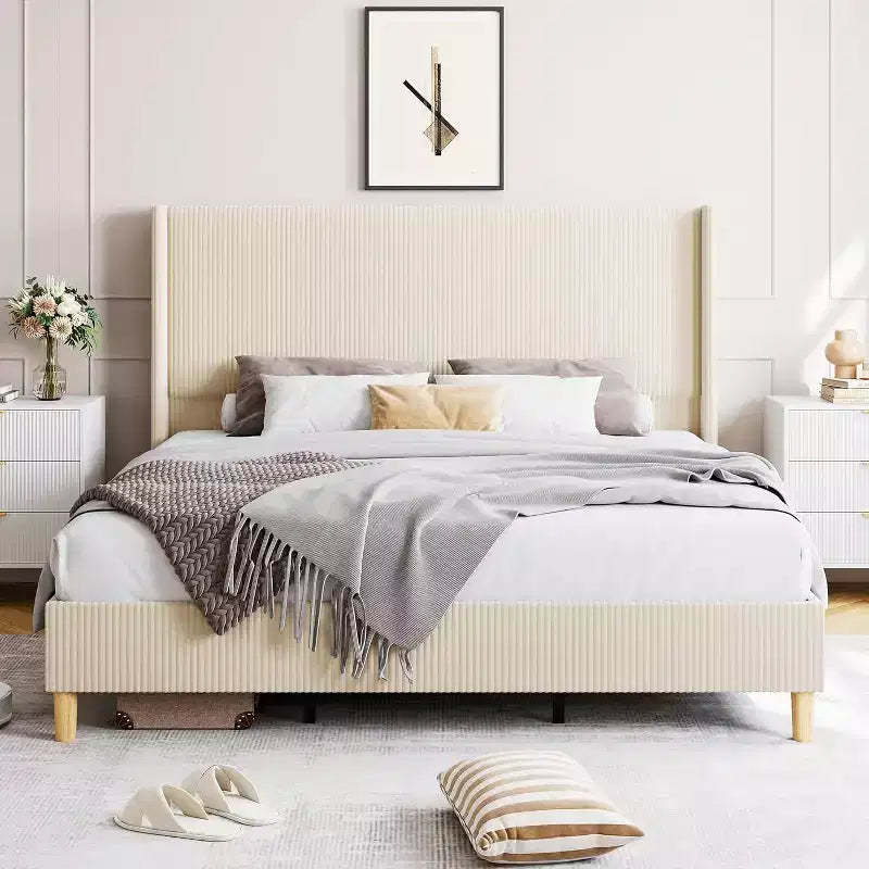 Corduroy Upholstered Platform Bed Frame, Wingback Headboard, Solid Wood Slats, No Box Spring Needed, Easy Assembly, Beige